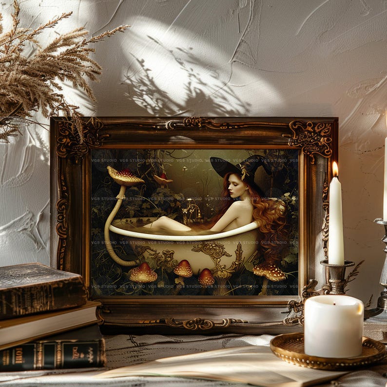 Witch Bathtub Art Print, Redhead Among Giant Toadstools, Sepia Surreal Mushroom Forest, Horizontal Powder Room Decor q12 image 2