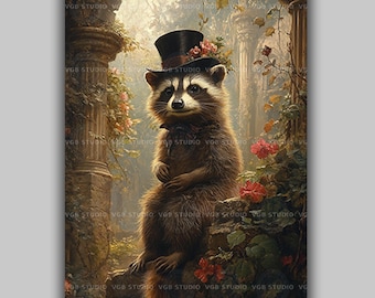 Lámina artística de mapache victoriano, retrato de bosque con sombrero de copa, decoración de pared de animales caprichosa, regalo de estilo Dark Academia, jardín de fantasía de caballero elegante x79