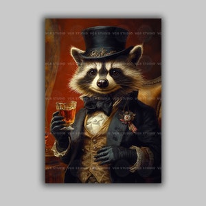 Victorian Raccoon Portrait Art Print Gentleman Animal Dressed in Suit Whimsical Dark Academia Wall Decor Vintage Style Fantasy Artwork t21