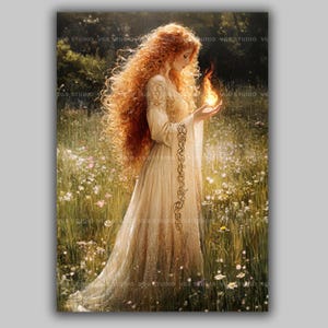 Brigid Celtic Goddess of Fire and Spring, Mystical Irish Folklore Art, Sacred Feminine Illustration, Imbolc Pagan Nature Goddess Art AE46