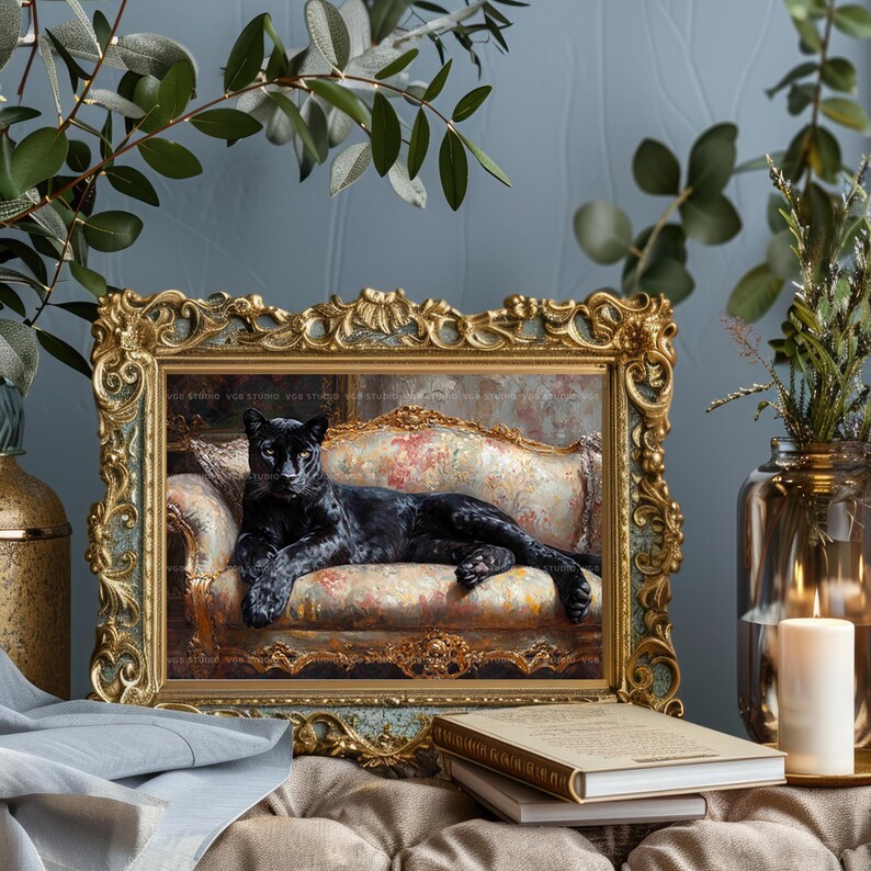 Schwarzer Panther Kunstdruck Viktorianischen Sofa Tierportrait Wunderlich Katze Dekor Galerie Wand Maximalist Katze Malerei Vintage Geschenk AH18 Bild 8