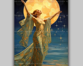 Vintage Woman Reaching for the Full Moon, Celestial Art Nouveau and Art Deco Print, Magical Witchy Ethereal Teal Gold Wall Decor H90