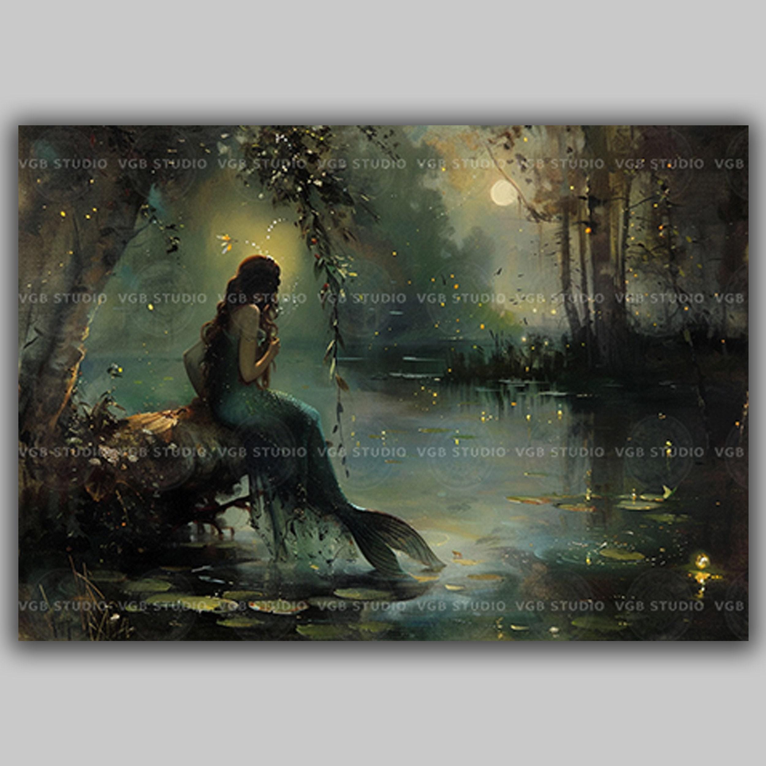 Mermaid Art Print Moonlit Forest Lake Enchanted Water Fantasy Wall