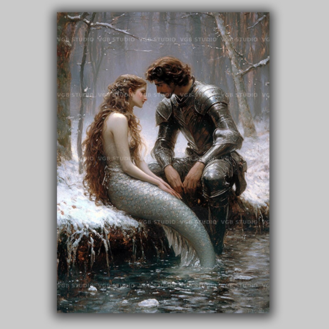 Mermaid Knight Remy Mermaid and Knight Art Print | Fantasy Romance Winter Painting | Fairy ...