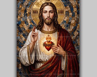 Sacred Heart of Jesus Art Print, Christ Blessing with the Flaming Heart and Crown of Thorns, Gold Mosaic Catholic Icon Decor AN40