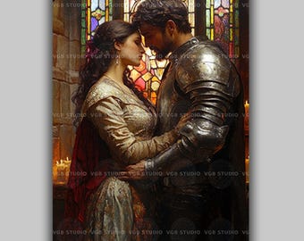 May include: A romantic painting depicts a couple embracing, set against a stained-glass window. The man wears armor, while the woman is in a flowing gown. Warm candlelight illuminates the scene, creating a sense of intimacy and historical romance.