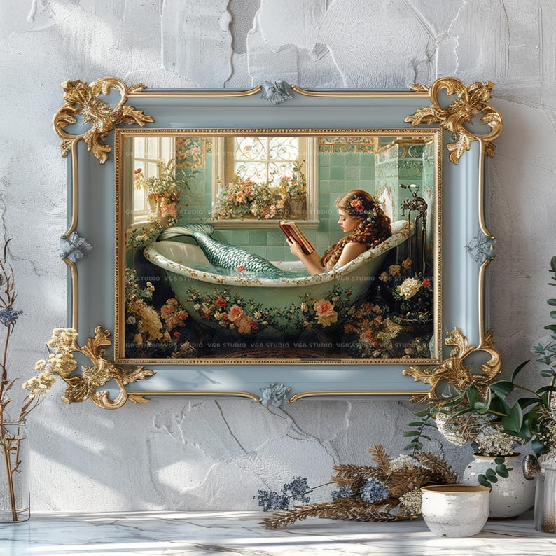 Mermaid Reading in Floral Bathtub Wall Art Print Vintage Bathroom Decor, Cottagecore Fantasy Book Lover Gift Whimsical Siren Horizontal y81 image 2