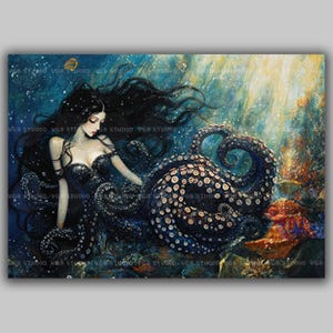 Octopus Mermaid Cecaelia Art Print Dark Fantasy Ocean Goddess Tentacle Siren Illustration Mythical Gothic Marine Mystical Sea Decor AD87