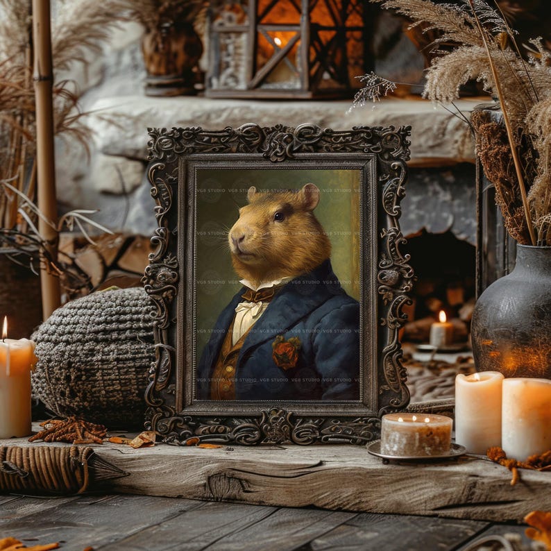 Victorian Capybara Wall Art Print, Dapper Gentleman Portrait in Suit, Whimsical Animal Decor, Dark Academia Vintage Style, Quirky Rodent H40 image 5