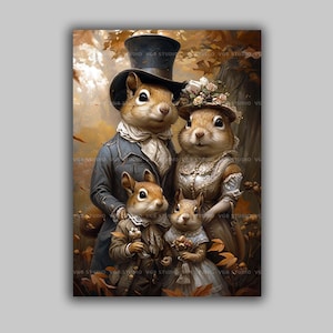 Victorian Squirrel Family Regal Fine Art Giclee, Baroque Painting Wall Art Poster, Whimsical Animals, Dark Academia, Gothic Squirrel L35