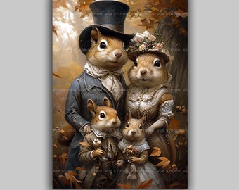 Victorian Squirrel Family Regal Fine Art Giclee, Baroque Painting Wall Art Poster, Whimsical Animals, Dark Academia, Gothic Squirrel L35
