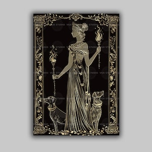 Hecate Goddess Art Print Witchcraft Decor Gold Line Moon Priestess with Torches and Dogs Mythological Pagan Wall Art Dark Elegant Style P03