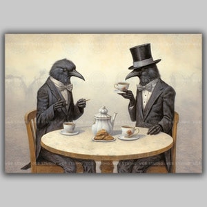 Raven Tea Party Art Print Dapper Crow Wall Decor Whimsical Gothic Animal Illustration Quirky Bird Suit Artwork Fantasy Victorian A29