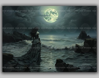 Beautiful Gothic Woman Full Moon Beach , Lunar Art Print, Baroque Classic Artwork, Gothic Fine Art Print Poster, Alluring Painting, G30