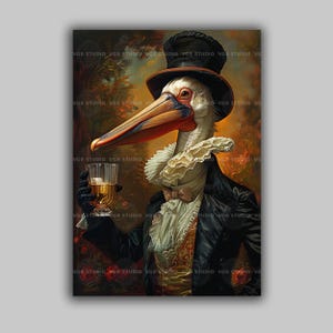 Pelikan z drinkiem, artystyczny wydruk, zabawny ptak w wiktoriańskim stroju, wyjątkowa, zabawna sztuka ścienna do eklektycznego domu lub baru u08