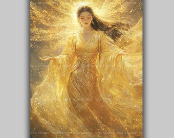 天照大御神のアートプリント：日本の太陽神、神道神話の絵画、天の神光