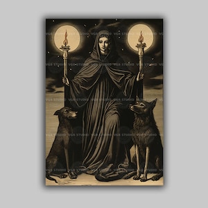 Hecate Goddess Art Print Pagan Witch Decor Wiccan Altar Wall Art Greek Moon Deity with Dogs Dark Divine Feminine Underworld Witch H62