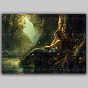 Enchanted Forest Mermaid Art Print Serene River Fantasy Wall Decor Whimsical Mythical Siren Painting Ethereal Nature Home Gift AC30