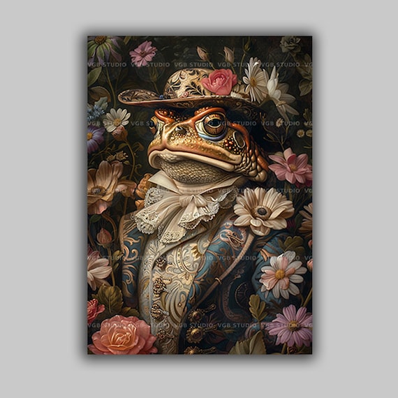 Regal Toad in Floral Suit Art Print Whimsical Toad Portrait with Embroidered Jacket and Hat Cottagecore Animal Decor Storybook Wall Art P62