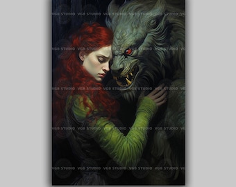 Celtic Folklore Monster Romance Wall Art Print, Mythical Beast, Gothic Home Decor, Dark Fantasy, Wolf Painting, Fairytale Illustration G43