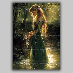 Danu-kunstafdruk | Keltische moedergodin gietend water bosstroom gouden licht | Ierse mythologie wanddecoratie heidense natuur spiritueel | ac96