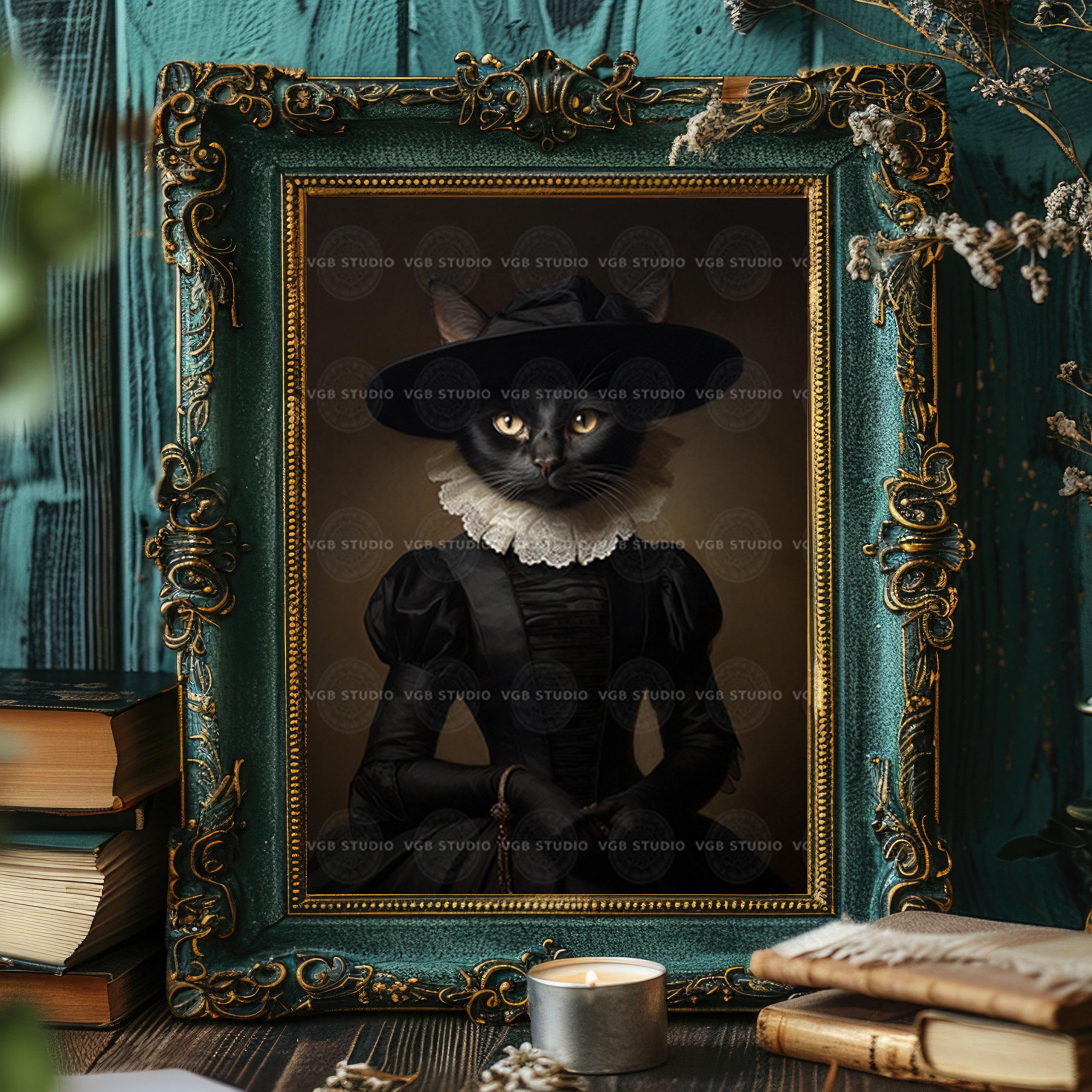 黒猫魔女アートプリント、ルネッサンス猫肖像画、ゴシックダーク
