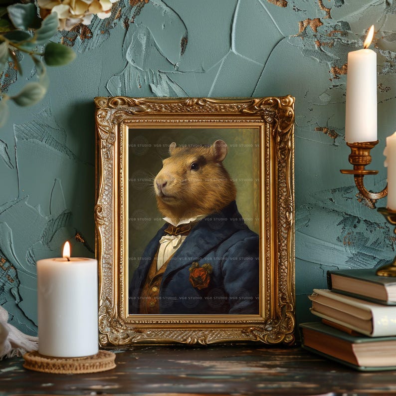 Victorian Capybara Wall Art Print, Dapper Gentleman Portrait in Suit, Whimsical Animal Decor, Dark Academia Vintage Style, Quirky Rodent H40 image 4