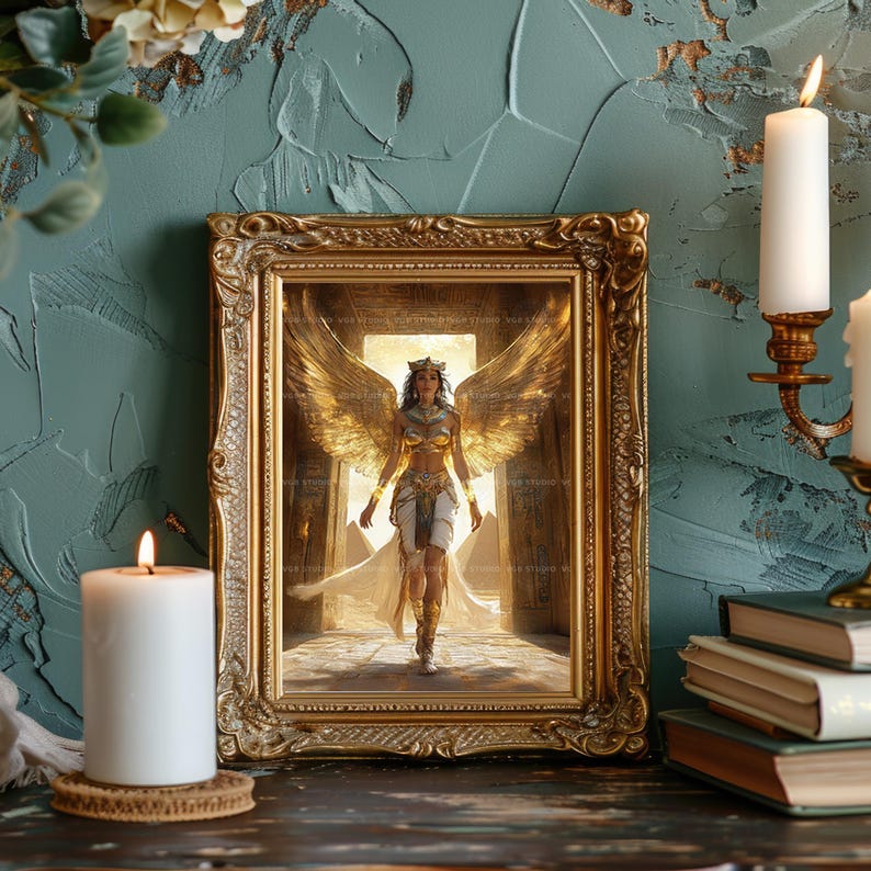 Isis Goddess Wall Art Print, Ancient Egyptian Mythology Decor, Divine Feminine Portrait, Golden Wings, Sacred Pyramid Temple Scene AB60 image 5