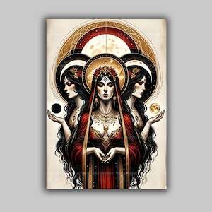 Hecate Art Print Triple Moon Goddess Witchcraft Decor Greek Myth Poster Lunar Witch Wall Art Pagan Feminine Altar Print Red Witch Art J30