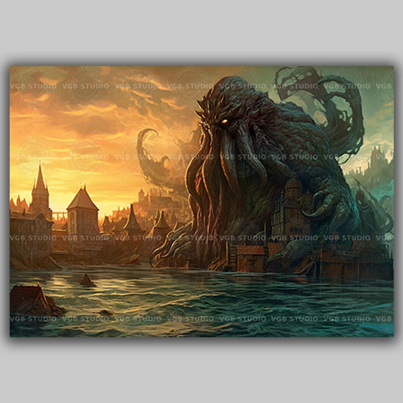 Cthulhu kunst aan de muur kosmische horror print Lovecraftian decor gotische fantasie kust ruïnes donkere mythologie monster kunst oude horror cadeau A51 afbeelding 1