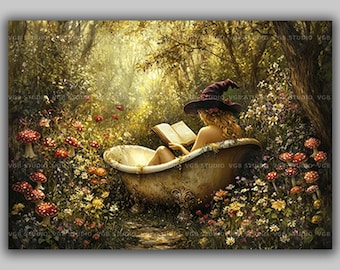 Witch in Bathtub Art Print | Reading Book Enchanted Forest Mushrooms Flowers | Magical Fantasy Bathroom Wall Decor for Powder Room | s85