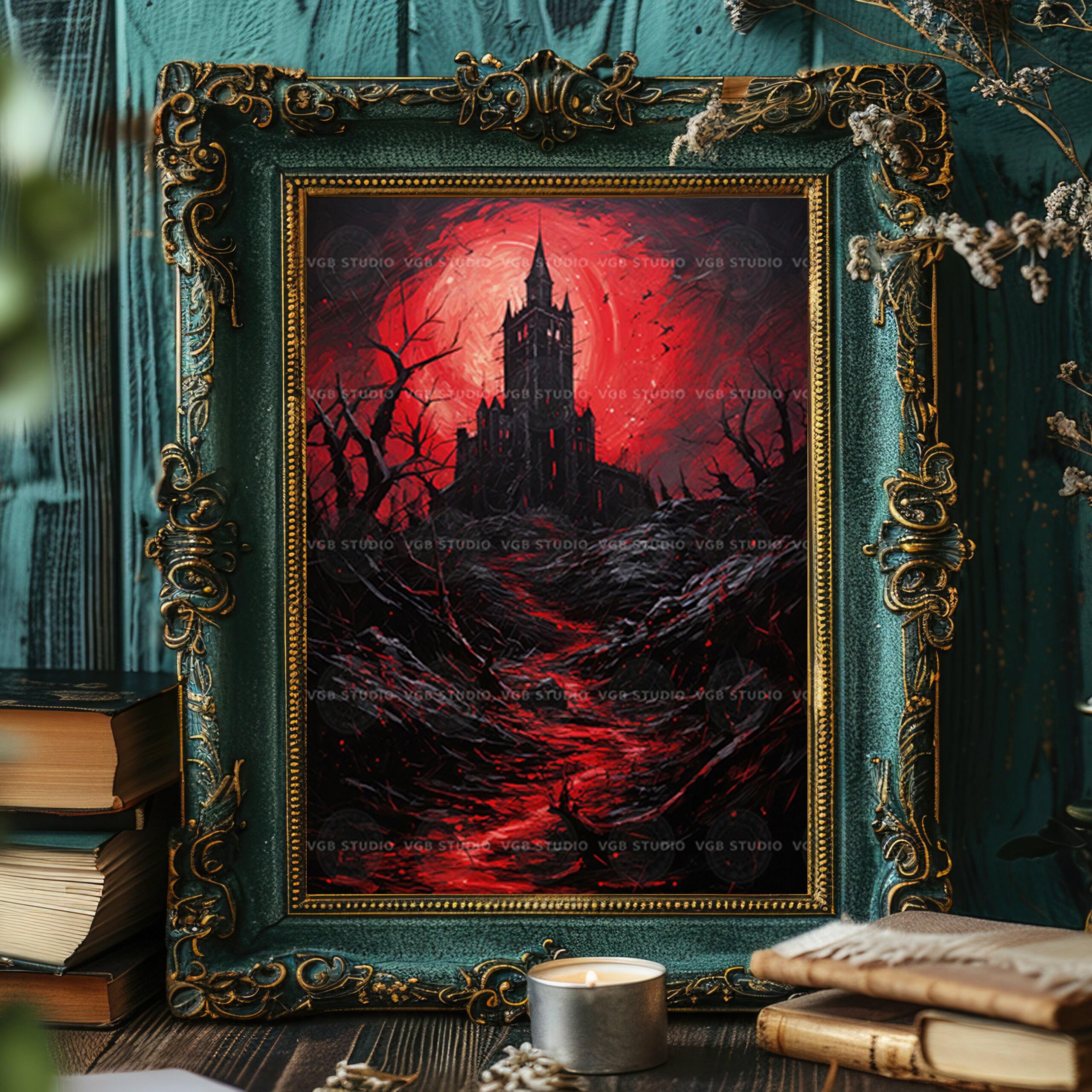 Gothic Haunted Castle Art Print Dark Fantasy Red Moon Landscape