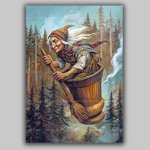 Baba Yaga Art Print Slavic Witch Wall Art Folklore Decor Pagan Fantasy Illustration Forest Magic Poster Flying Witch Myth Print Crone AG24