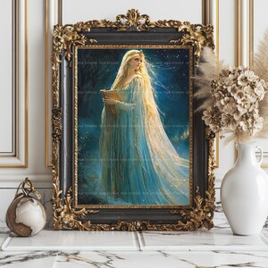 Lady of the Lake Wall Art, Enchanted Sorceress in Blue Gown with Magic Book, Arthurian Fantasy Print, Celestial Witch Home Decor Gift z91 image 7