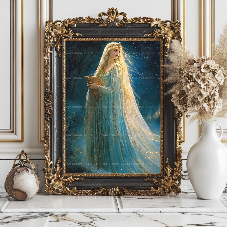 Lady of the Lake Wall Art, Enchanted Sorceress in Blue Gown with Magic Book, Arthurian Fantasy Print, Celestial Witch Home Decor Gift z91 image 7