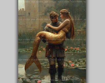 Mermaid Wall Art Print, Knight And Golden Siren Fantasy Poster, Romantic Castle Lake Artwork Medieval Fairy Tale  Cottagecore Love Story y31