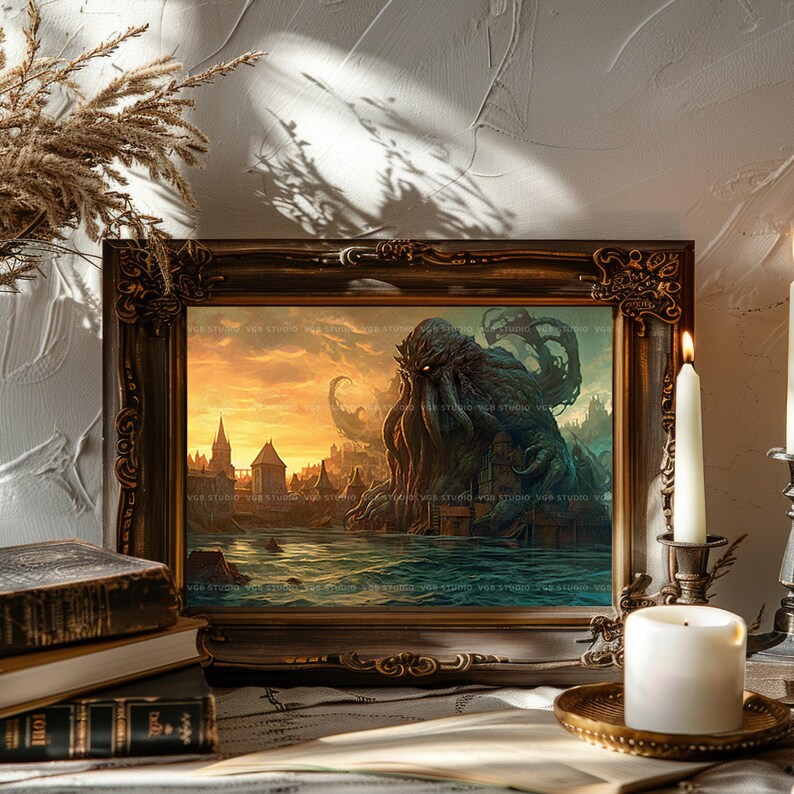 Cthulhu kunst aan de muur kosmische horror print Lovecraftian decor gotische fantasie kust ruïnes donkere mythologie monster kunst oude horror cadeau A51 afbeelding 6