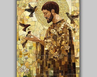 Saint Francis of Assisi Wall Art Print, Bird Lover Gift, Christian Mosaic, Catholic Home Decor, Religious Iconography, Sacred Space AP15
