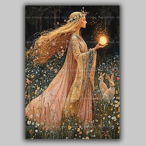 オスタラ女神アートプリント 春分 異教装飾 ウサギと卵 ウィッチコア ウォールアート ウィッカの年輪 ケルトの花の魔法 AE45