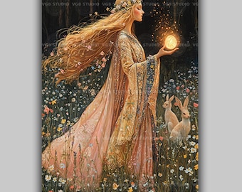 Ostara Goddess Art Print Spring Equinox Pagan Decor with Hares and Egg Witchcore Wall Art Wiccan Wheel of the Year Celtic Floral Magic AE45