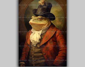 Frog Gentleman Portrait Art Print, Victorian Toad in a Red Suit and Top Hat, Renaissance Animal Oil Painting, Quirky Vintage Decor E87