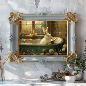 Whimsical Bunny Art Print Rabbit in Bathtub Reading Vintage Cottagecore Bathroom Decor Cozy Animal Illustration Floral Pastel Wall Art S06 image 4