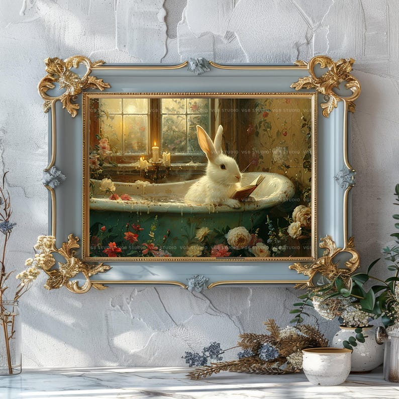 Whimsical Bunny Art Print Rabbit in Bathtub Reading Vintage Cottagecore Bathroom Decor Cozy Animal Illustration Floral Pastel Wall Art S06 image 4