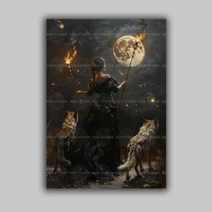 Hecate Goddess Art Print Witch with Wolves Moon Ritual Decor Triple Goddess Pagan Witchcraft Wall Art Greek Mythology Feminine Power L66