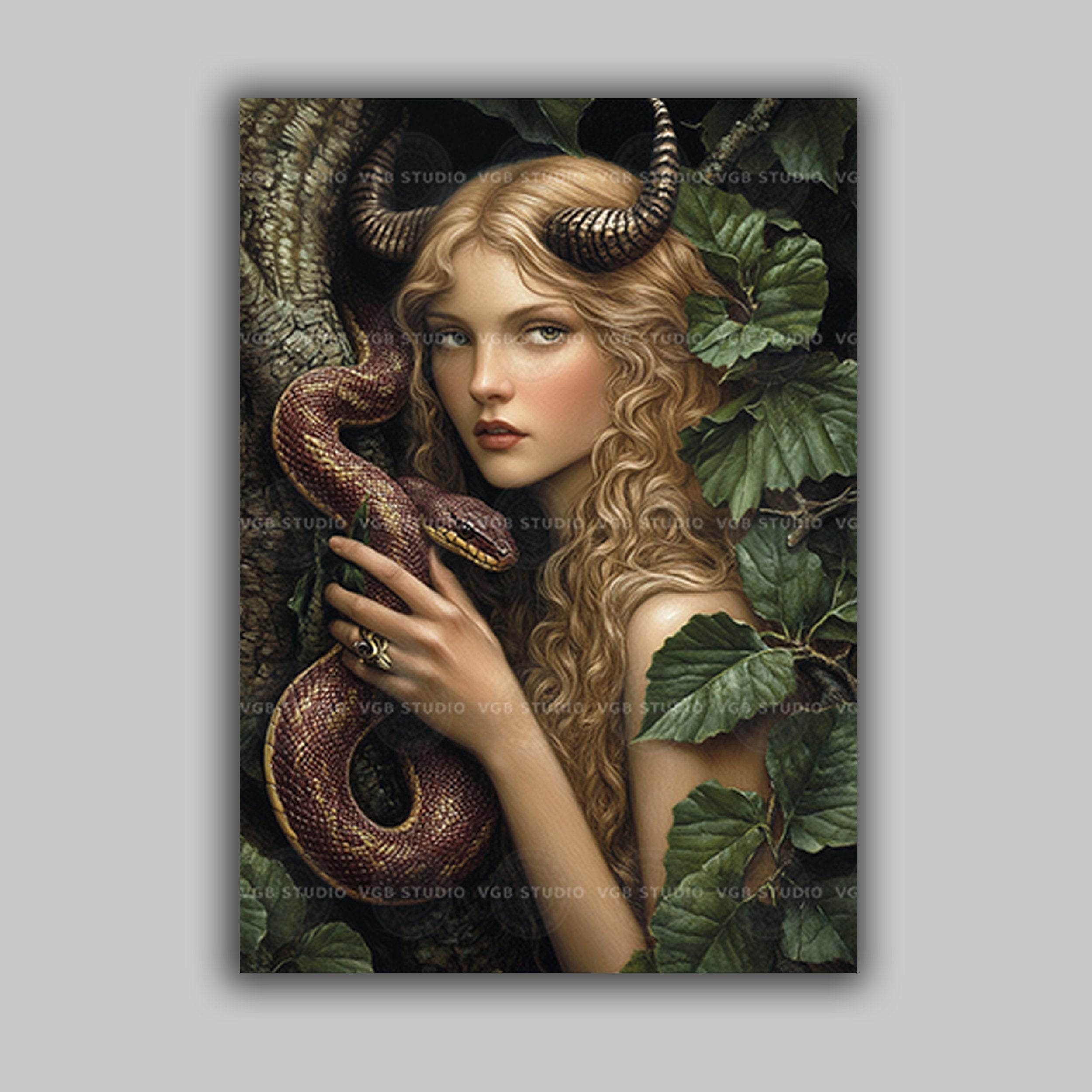 Lilith Art Print, Horned Goddess With Serpent, Garden of Eden