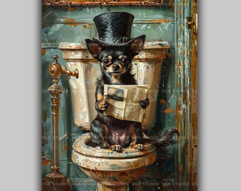 Chihuahua Art Print, Funny Bathroom Decor, Top Hat Dog Reading Newspaper, Quirky Powder Room, Vintage Victorian Animal Portrait R18T