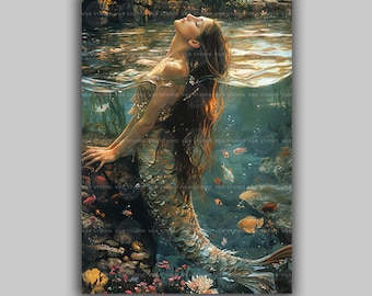 Mermaid Wall Art Print, Underwater Siren Portrait, Ocean Nymph Painting, Coastal Bathroom Decor, Aquatic Fantasy Scene M44