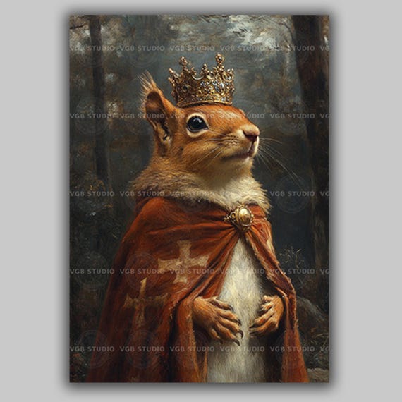 Royal Squirrel Art Print Crowned Animal Portrait Medieval