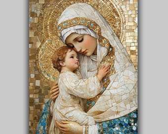 Virgin of Tenderness Madonna and Child Wall Art Print, Virgin Mary Baby Jesus Painting, Glass Mosaic Poster, Christian Baptism Gift AP13