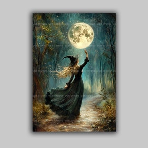 Witch Reaching for the Full Moon Art Print, Whimsical Witchy Forest Wall Decor, Magical Moon Artwork, Cottagecore Pagan Witch Print t30